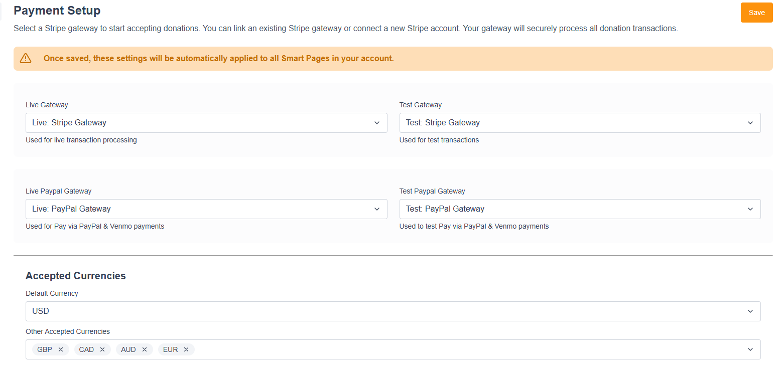 Picture of the payment setup settings in Engaging Networks
