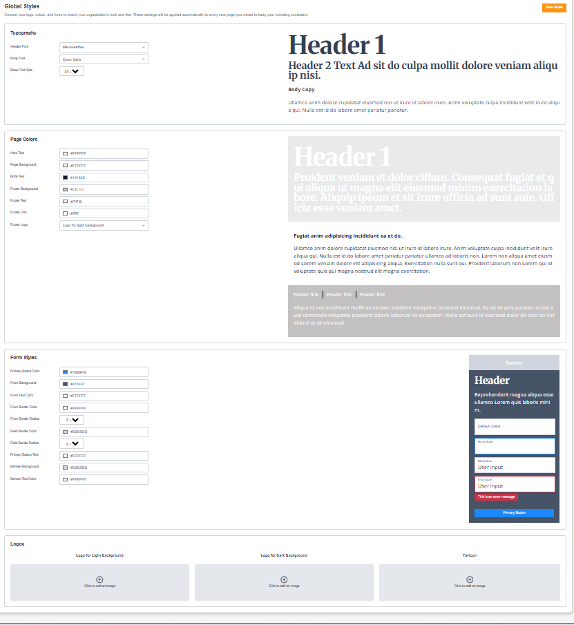 Picture of the global  styles settings page in Engaging Networks