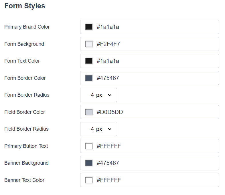 Picture of form color select options in Engaging Networks