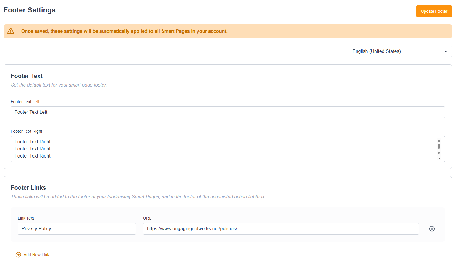 Picture of the footer settings page in Engaging Networks