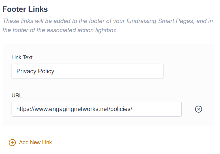 Picture of the footer links select options in Engaging Networks