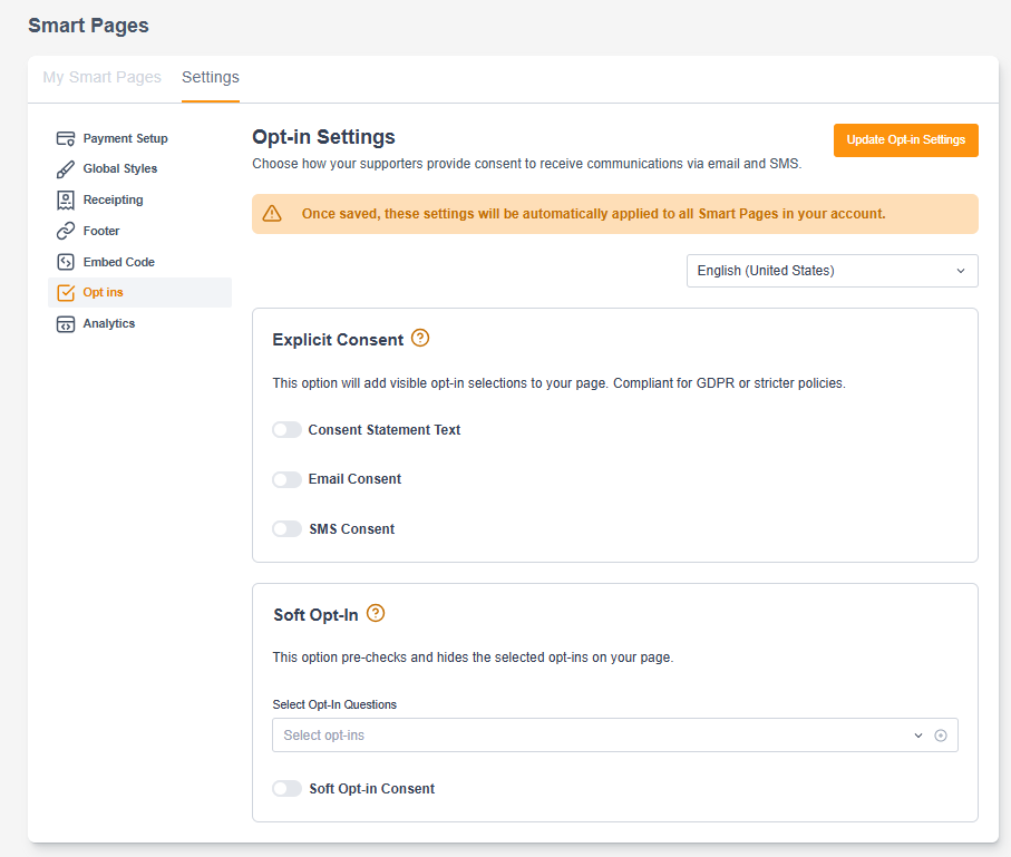 Picture of the opt-in settings page in Engaging Networks
