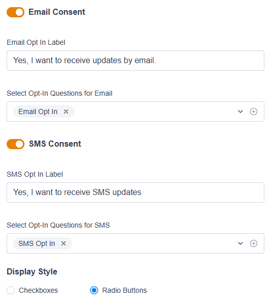 Picture of email and SMS consent options in Engaging Networks