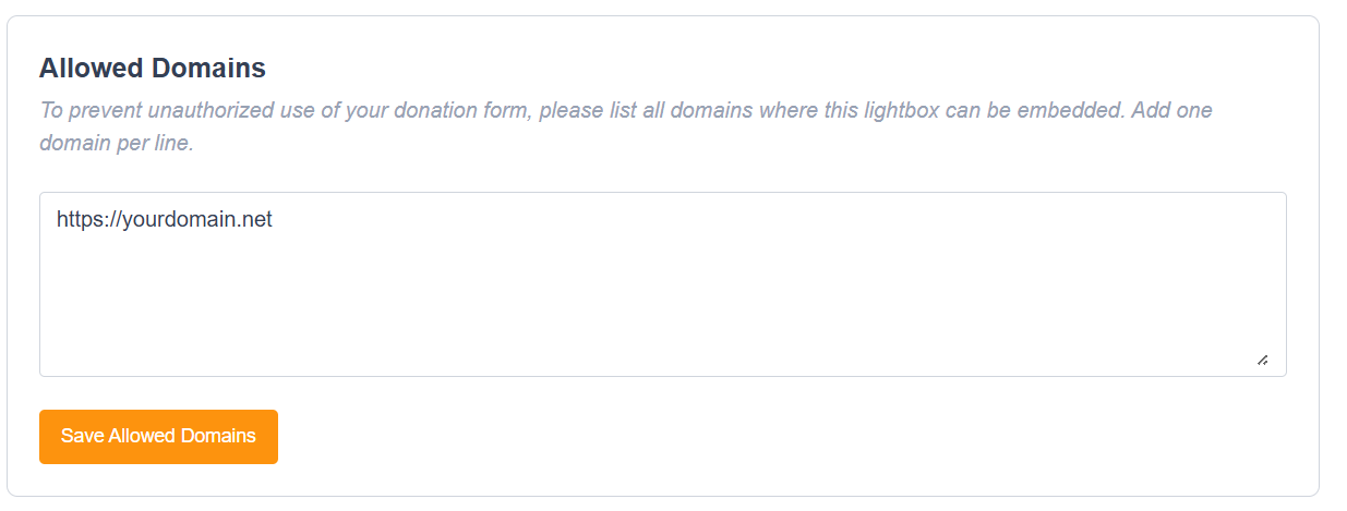 Picture of the allowed domains setting for lightbox embedding in Engaging Networks