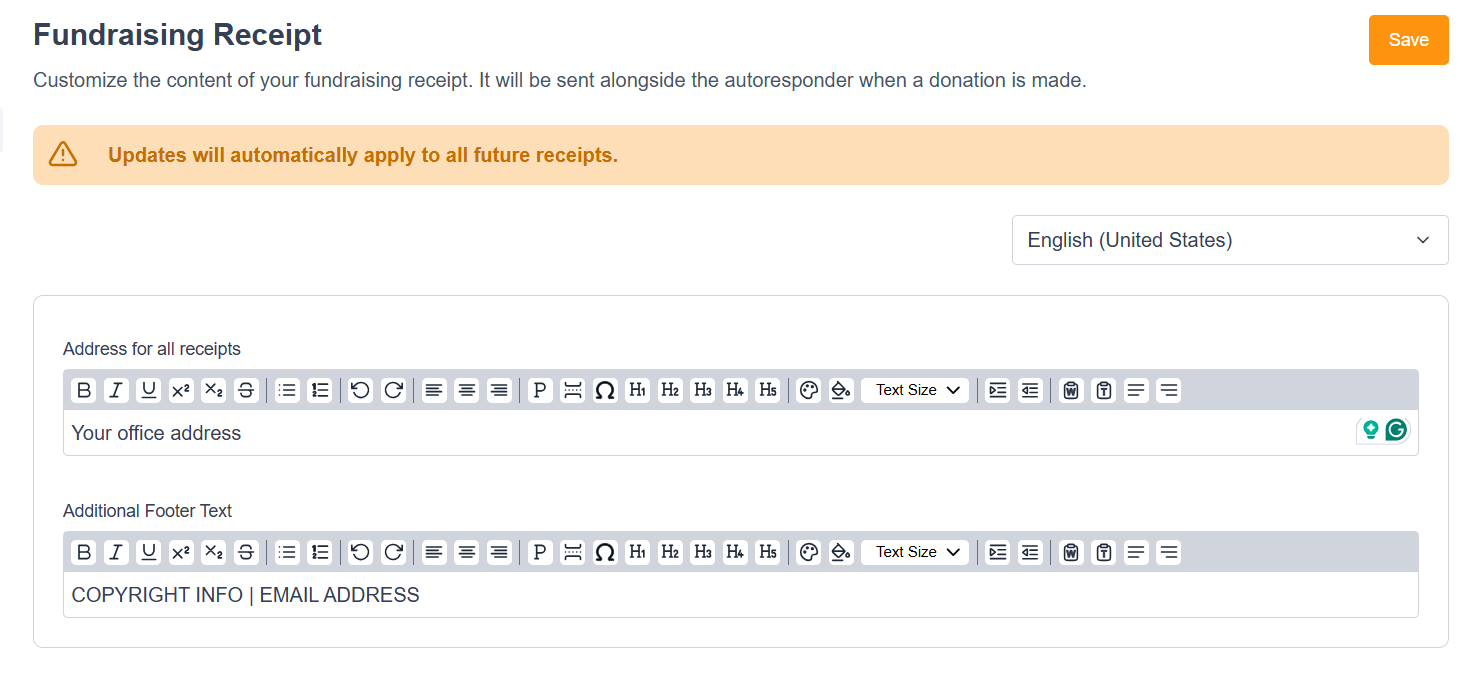 Picture of the receipting settings page in Engaging Networks