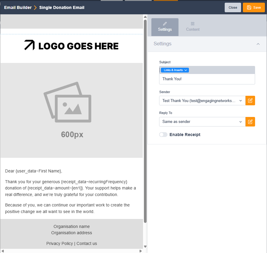 Image of smart pages email editor with settings displayed