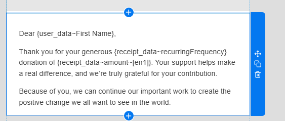 Image of a text block selected in the email builder