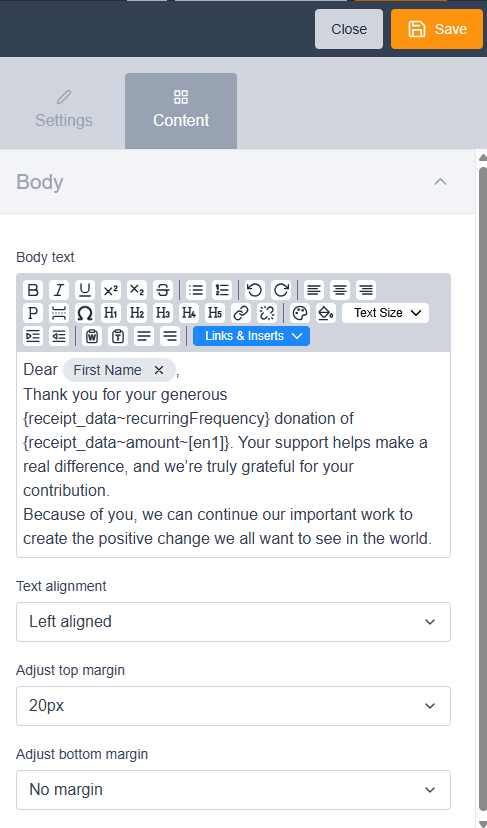Image of a text block editor in the email builder