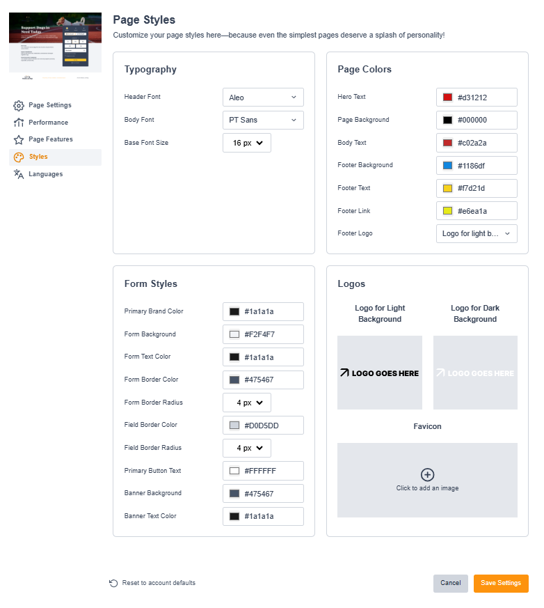 Image of the page styles screen