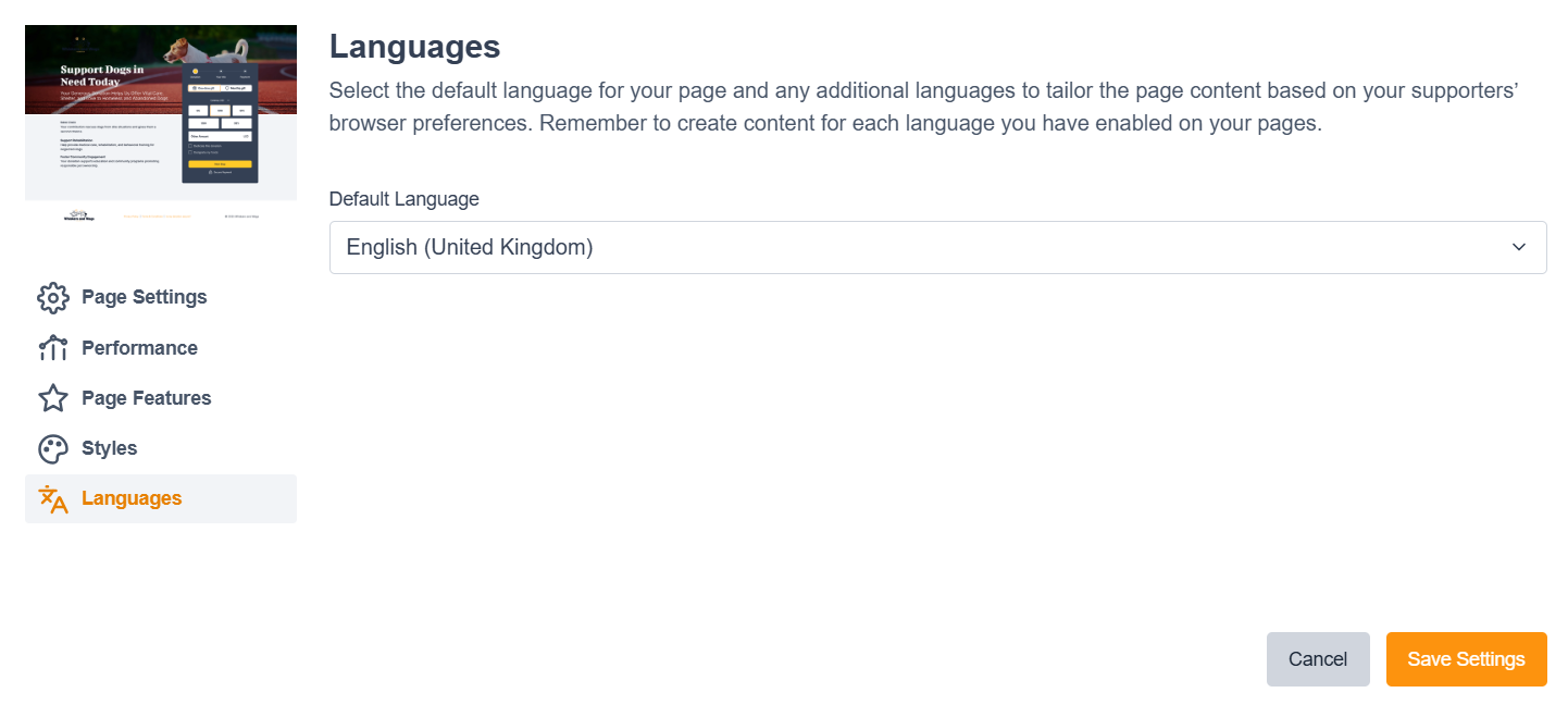 Image of the page language screen