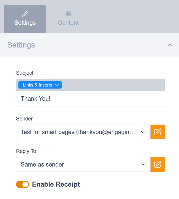 Image of the settings tab in the email builder