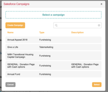Picture of Salesforce Campaigns menu in Engaging Networks