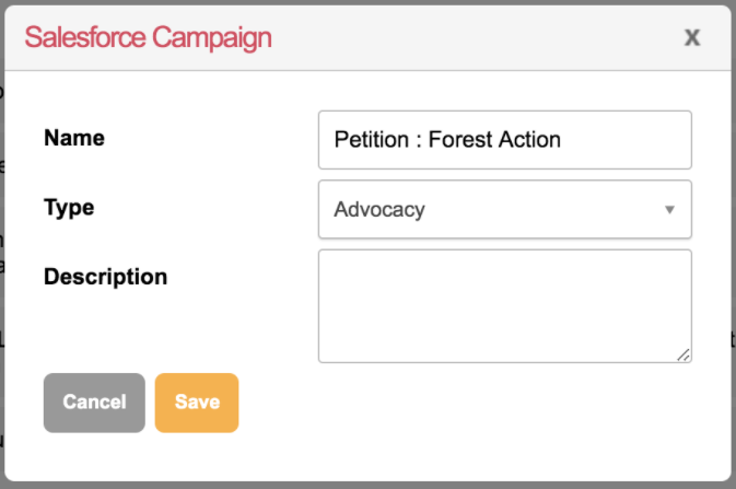 Picture of Salesforce Campaign pop-up in Engaging Networks
