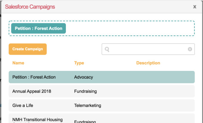Picture of Salesforce Campaigns with campaign set in Engaging Networks