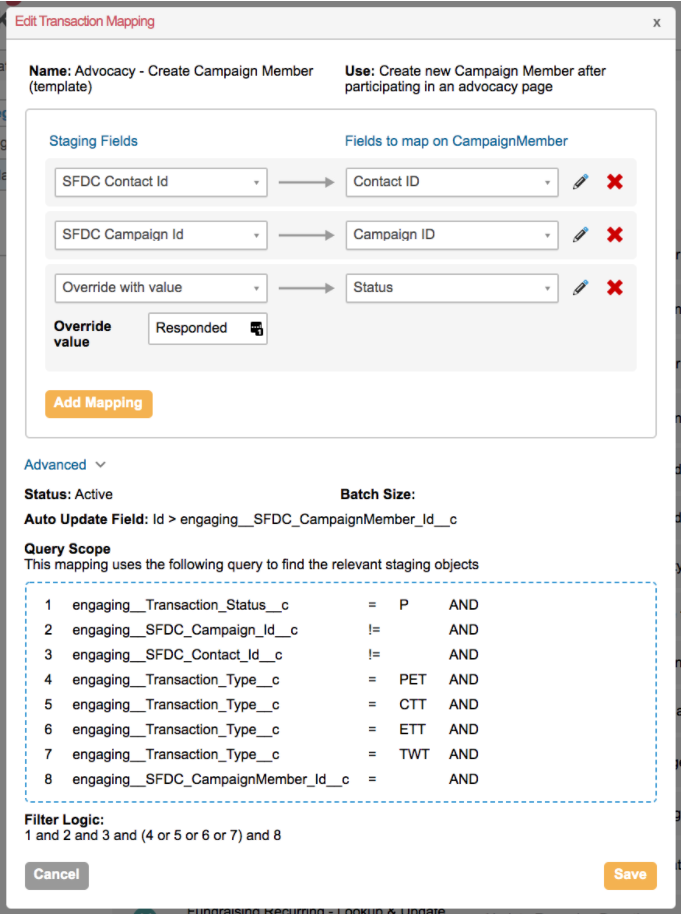 Picture of the edit transaction mapping section in Engaging Networks for the rule Advocacy - Create Campaign Member