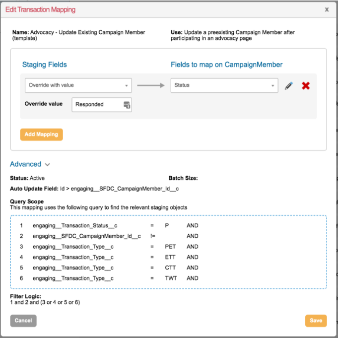 Picture of the edit transaction mapping section in Engaging Networks for the rule Advocacy - Update Existing Campaign Member 