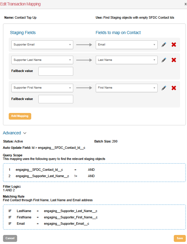 Image of the transaction mapping editing screen in Engaging Networks