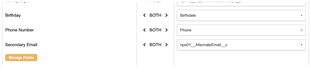 Picture of Secondary Email field in the Contact Mapping settings in Engaging Network