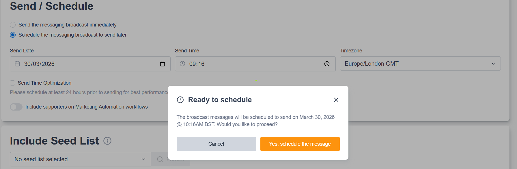 Image showing the time changed for scheduling Engaging Networks
