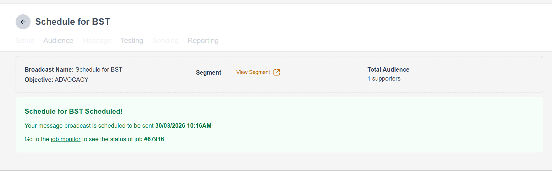 Image shwoing the final scheduled time in Engaging Networks