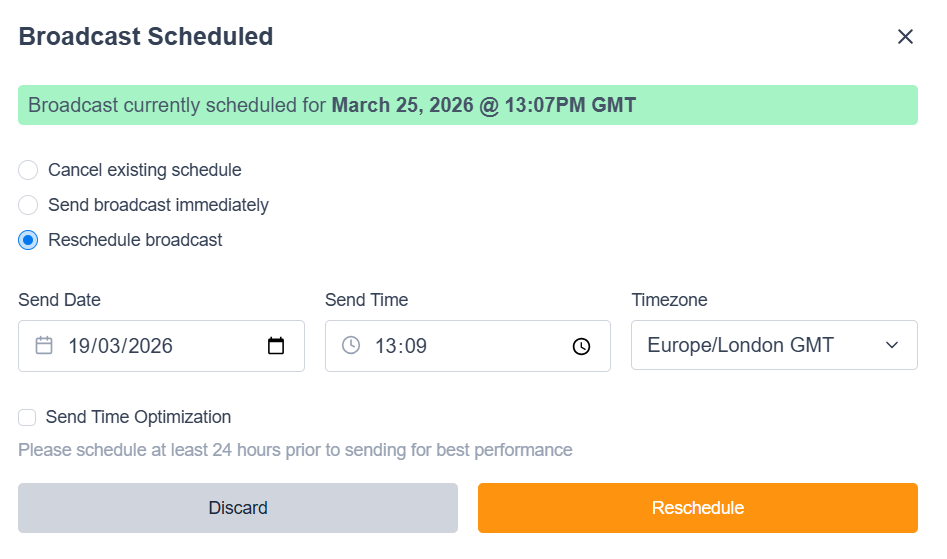 Image showing the rescheduling by date and time menu in Engaging Networks