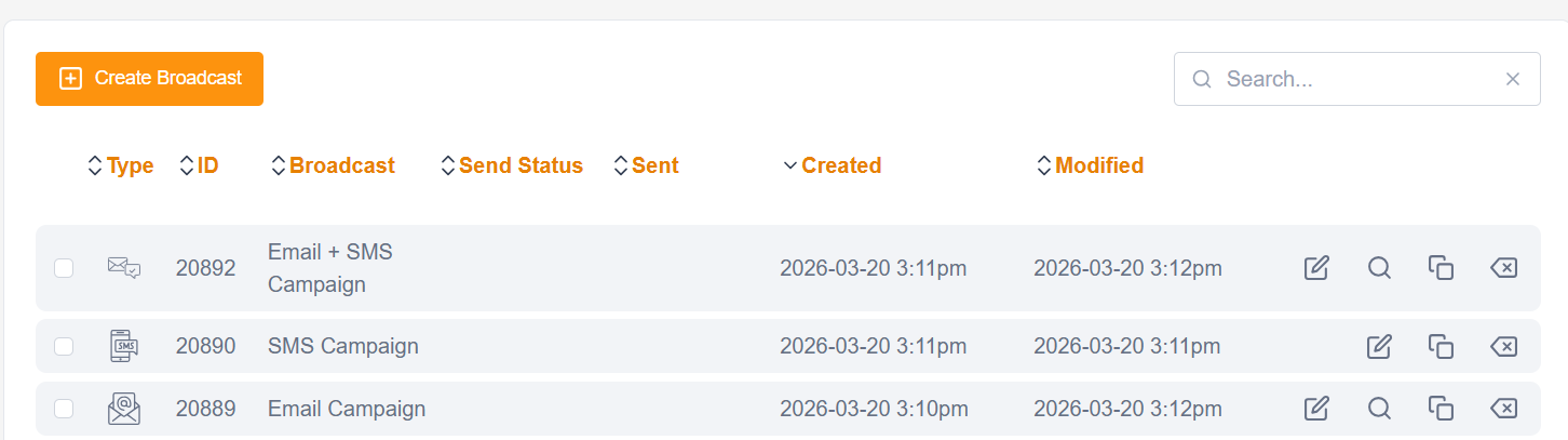 Image of the broadcasts menu in Engaging Networks