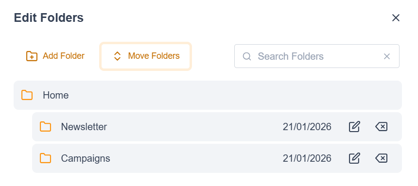 Image of edit folders options in Engaging Networks. 