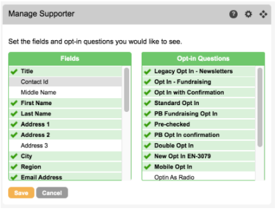 Picture of the manage supporter gadget in Engaging Networks