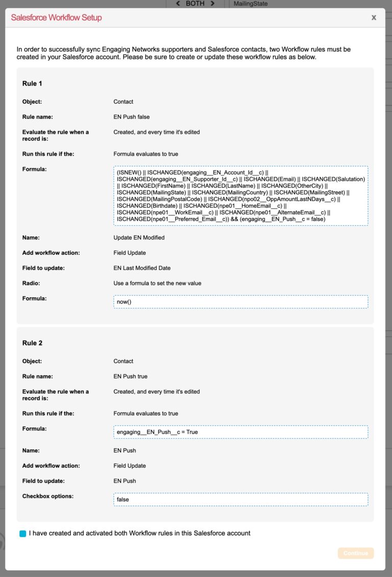 Image of the Salesforce Workflow setup screen displays in Engaging Networks