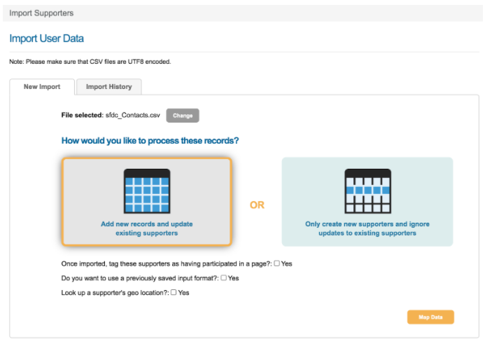 Picture of the Engaging Networks import process