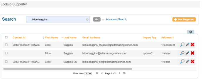 Picture of the SF Contact ID displaying in the Engaging Networks supporter lookup