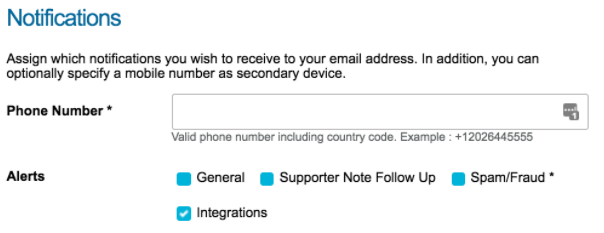 Picture of the notifications setup options in Engaging Networks