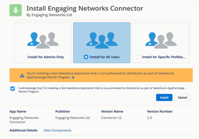 Picture of installation option for the Salesforce Connector App for Engaging Networks