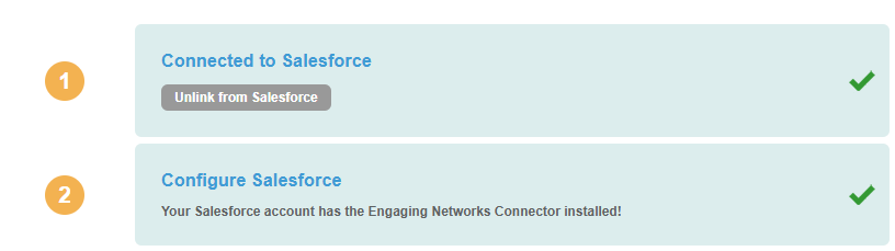 Picture of step one and two of intergration completed in Engaging Networks.