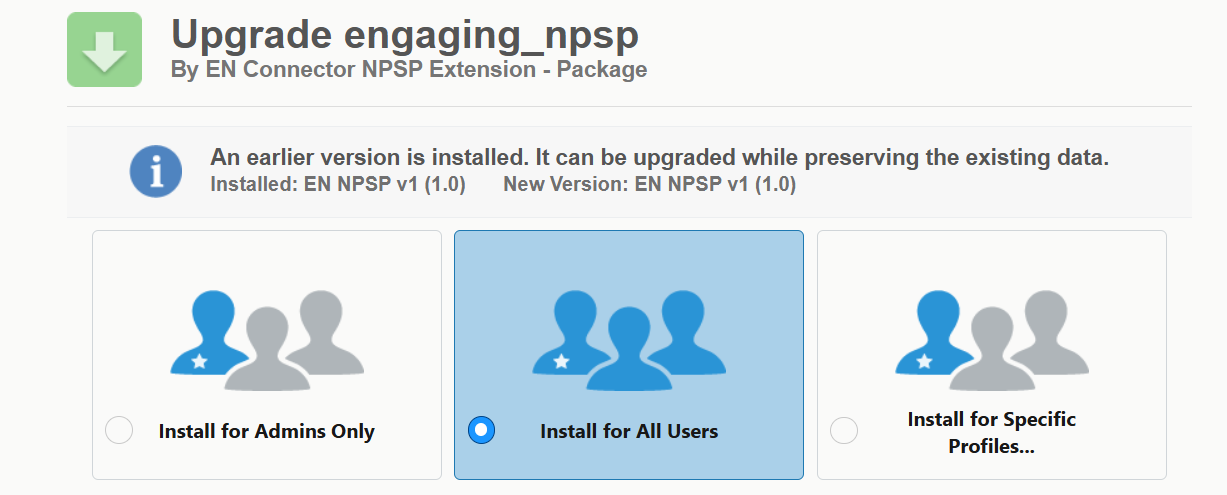 Picture of installation option for the NPSP Extension Package