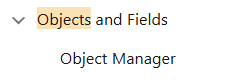 Picture of obejects and fields, object manager menu options in Salesforce