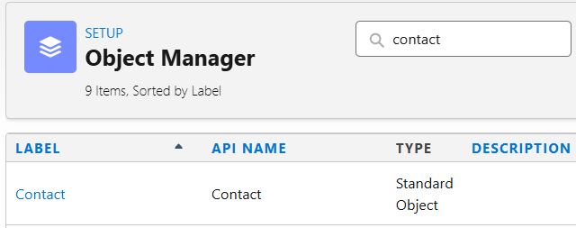 Pictue of the object manager in Salesforce