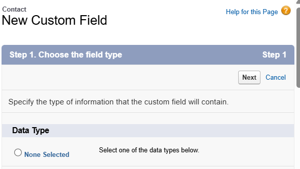 Picture step one of the new custom field option in Salesforce