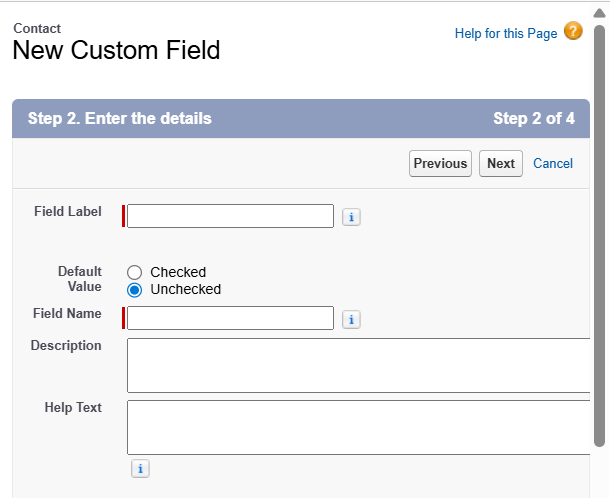 Picture step one of the new custom field option in Salesforce