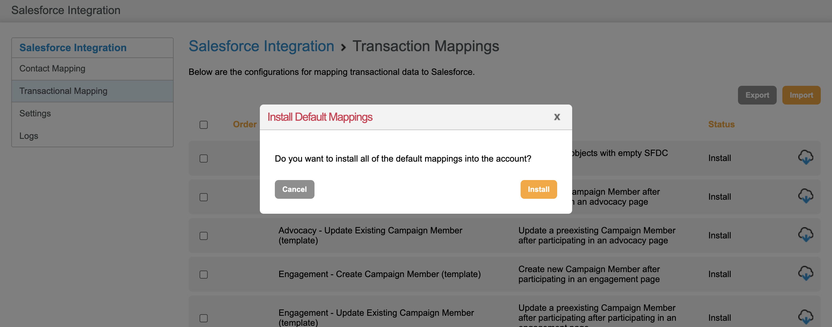 Picture of the install default mappings pop up menu in Engaging Networks