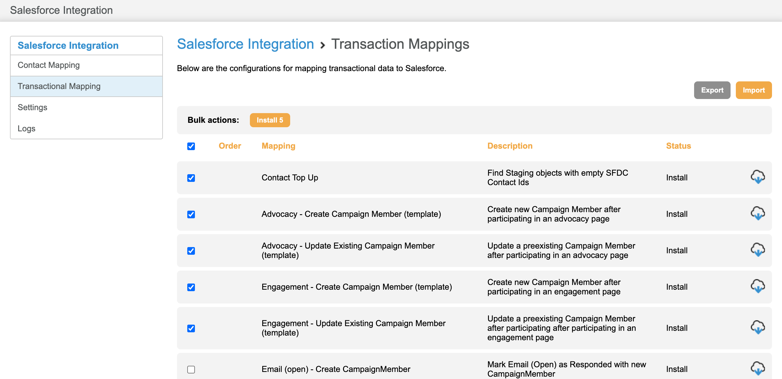 Picture of the installed mappings in Engaging Networks