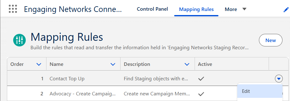 Picture of the mapping rules edit option in Salesforce