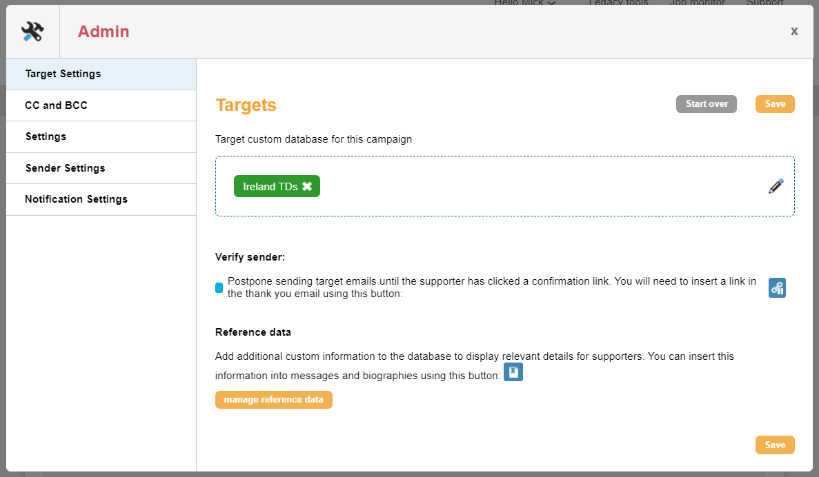 Image of custom target database in Engaging Networks
