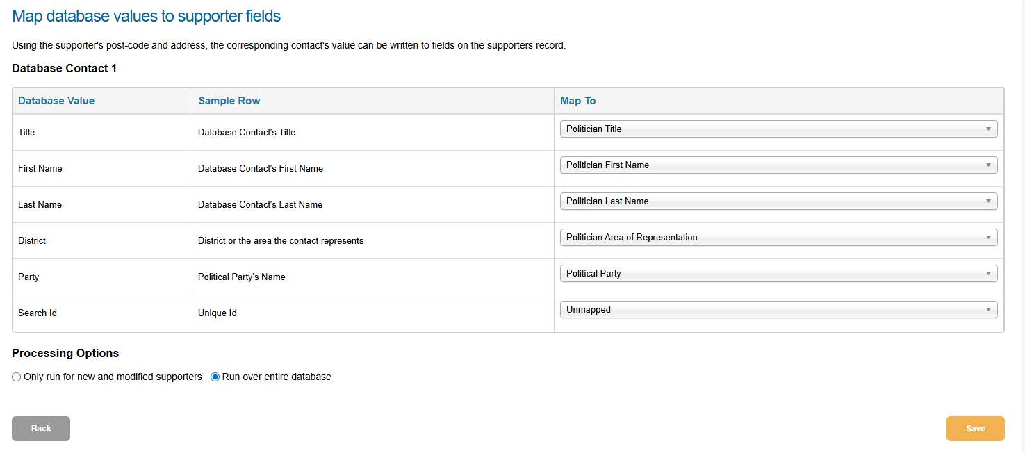 Picture of Engaging Networks map database to supporter fields account settings