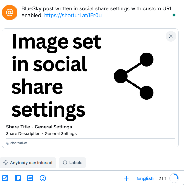Bluesky example post using Custom URL and custom content