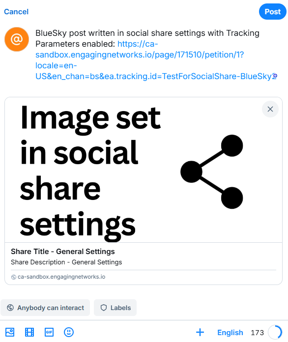 Picture of Bluesky example post using Tracking parameters and custom content