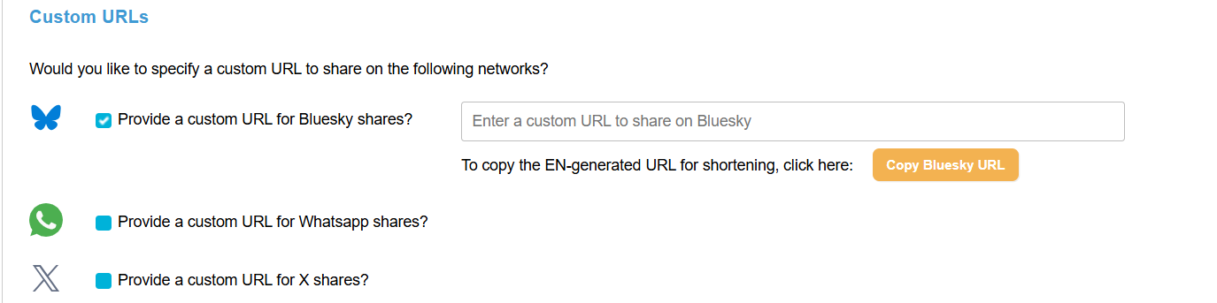Picture of Engaging Networks social share settings custom URLS setting