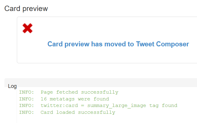 Picture of twitter developer (not rebranded as X) successful card preview