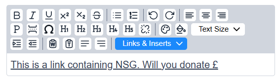 Picture of a link in the text editor function of marketing tools - broadcasts
