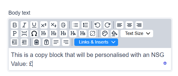 Picture of a text editor block in marketing tools - broadcasts.